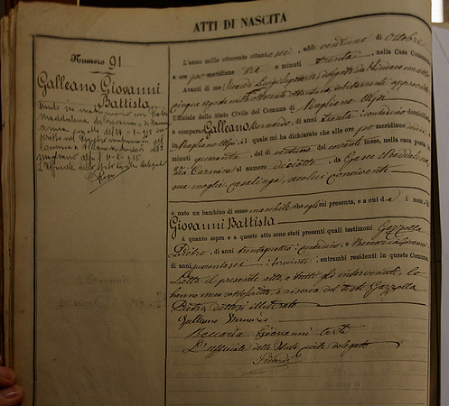 Giovanni Galleano (Mark's Great Grandfather) Birth Certificate - at Magliano Alpi