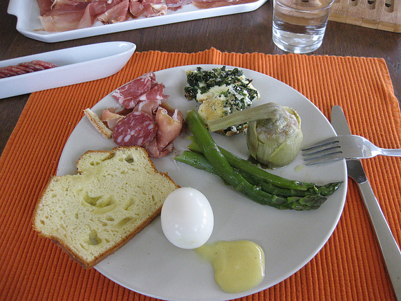 A plate full of food.