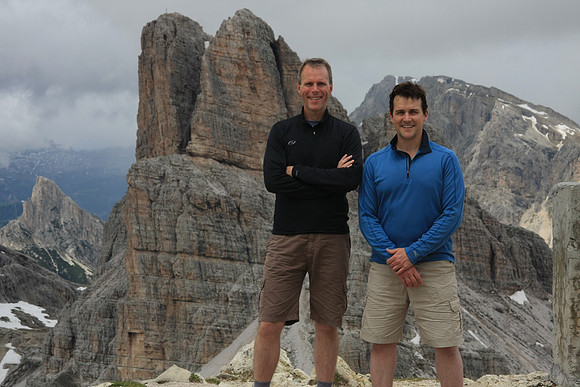 Travelmarx pose at Rifugio Nuvolau at 2575m - the peak just behind us is Averau