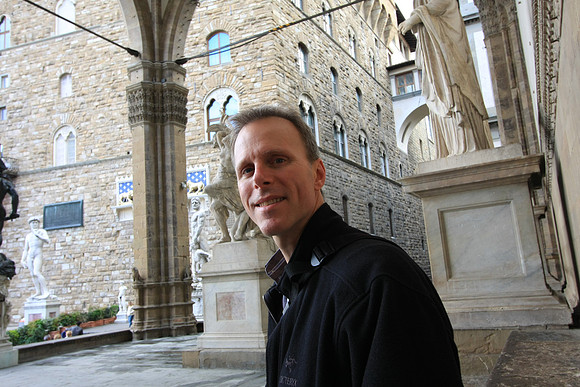 Relaxing a moment among the statuary in Loggia dei Lanzi