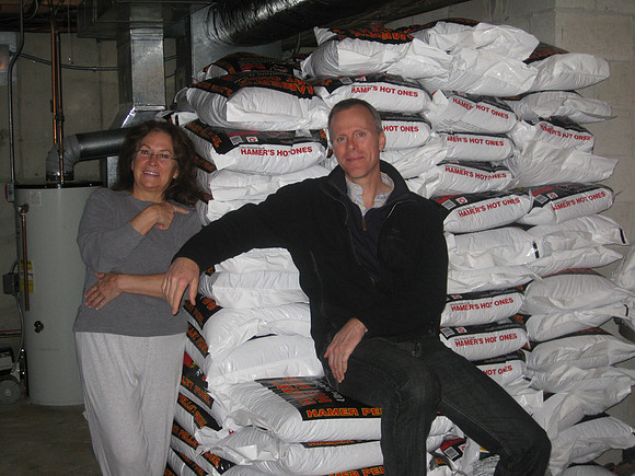 A stock of pellets for the pellet stove.