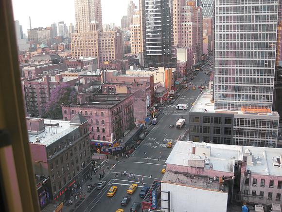 Looking out from the Milford Plaza with a color tint effect.