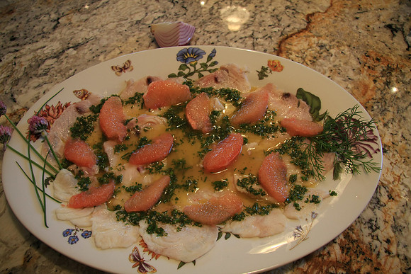 Tuna Carpaccio Marinated in Lemon and Grapefruit Juice with Grapefruit