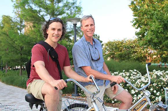 On bikes in Myriad Botanical Gardens.