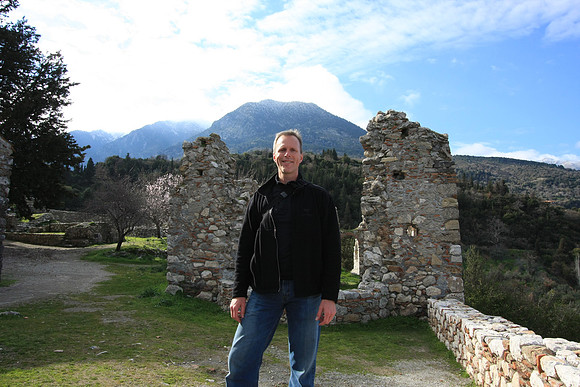 Mark near Agia Sofia with Taygetos mountains in back