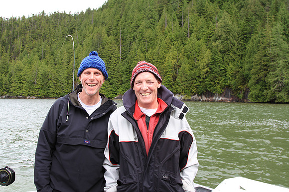 Mark and Gary modelling a pair of Noni's beanies.
