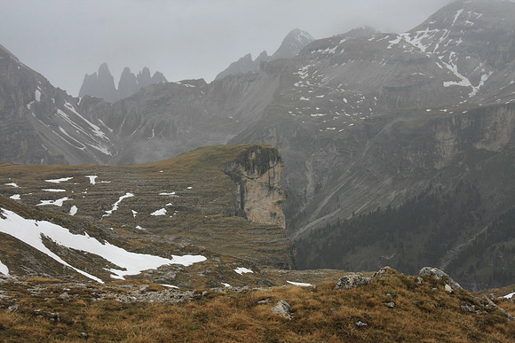 A valley below looks inviting. It has trees. The high, thawing meadow we're in is other- worldly.