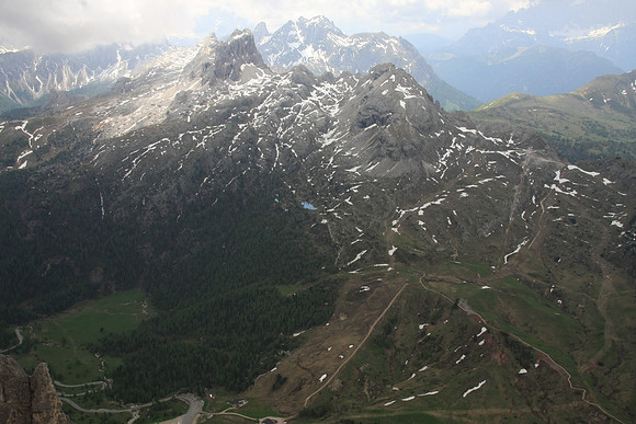 Looking down from the Rifugio to the pass (Falzarego Pass).