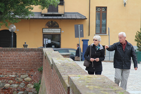 Admiring the brickwork.