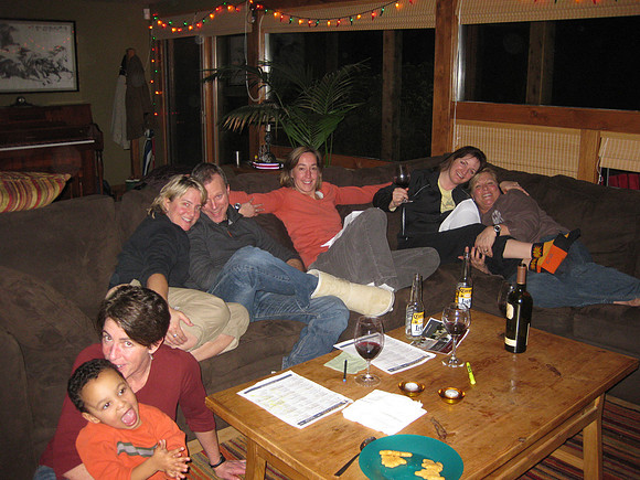 The Oscar Gang glued to the TV - with ballots. Jenny won with the most correct.