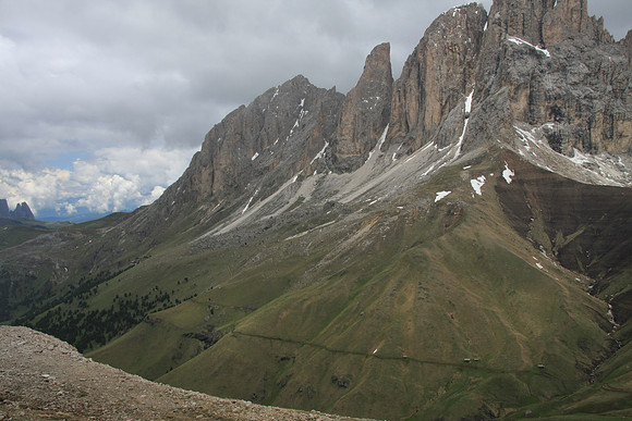 View from Col Rodella back on the Gruppo Sassolungo. You can see the trail we would be hiking on.