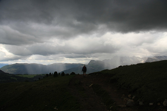 Rain falling in the valley up ahead.