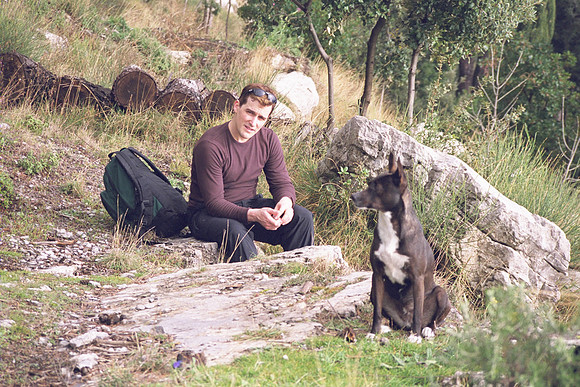 Hiking the hills above Positano, with guide dog "Indie"