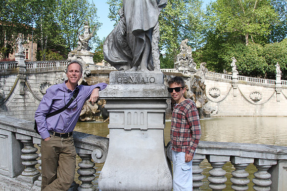 Mark and Noah at Gennaio Statue (January), Noah's birth month. The fountain has a statue for each month.