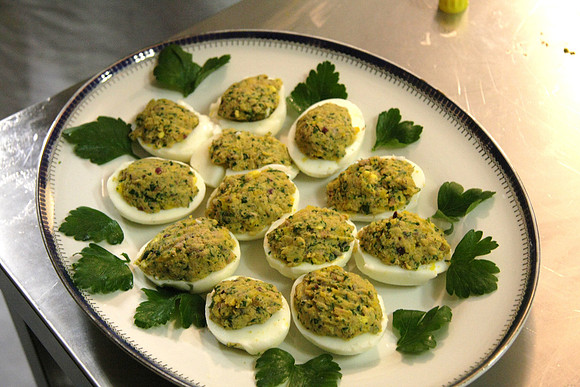 Uova alle Gina, 'deviled' eggs, prepared with tuna and anchovy.