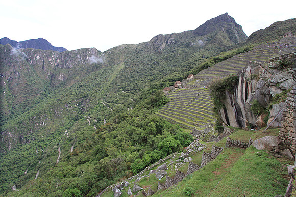The zigzag in the middle-ground of the picture is the Hiram Bingham road, which is how you get up to Machu Picchu by bus.