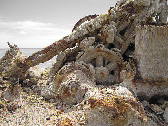 Old machinery crusted with salt.