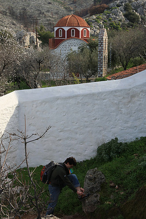 At the Hydra cemetery, start of hike, rolling up pants