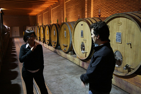 Storage, small barrels on the left for imparting oak flavors, large barrels for ageing