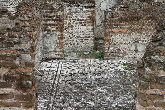 A mosaic floor - one of many - exposed to the elements.