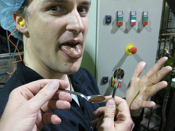 Tasting the "chocolate liquor" just after the nibs are ground together, they produce this thick paste.