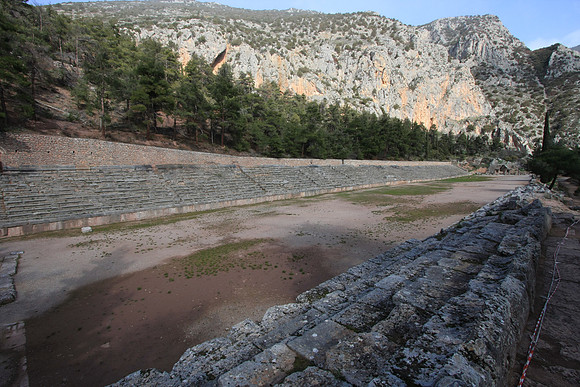 The stadium, 100+ meters long, was carved into the mountain to achieve a level field.