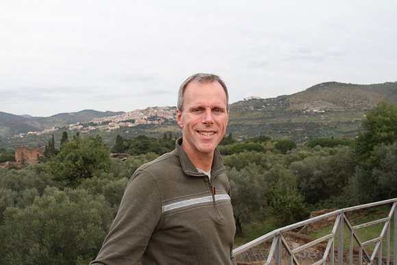 Mark on the Roccabruna. The main part of the villa behind Mark.