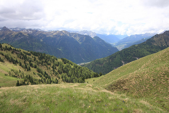 Looking down the meadows to Val di Fassa.