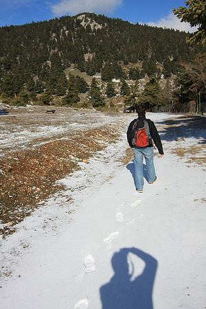 At about 1.5 hours, the path merges with a dirt road, still mostly covered in snow.