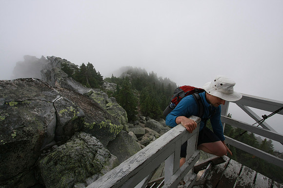 Climbing into the lookout.