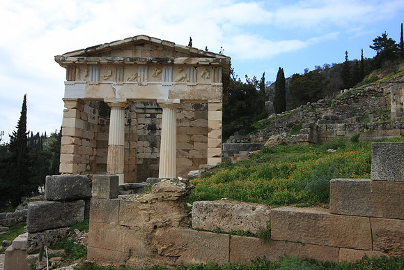 The Athenian Treasury, the only fully reconstructed structure on the site.