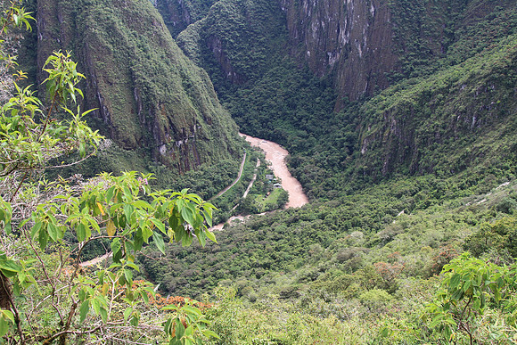 Looking back along Urubamba River (and where Machu Picchu Pueblo is) as we climb up to Machu Picchu in a bus.