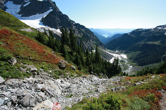 Looking south to where the glacier drains and toward Baker Lake again.