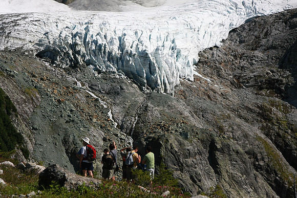 Lower Curtis Glacier with a group of  Spaniards in front. The glacier is farther away than it looks.
