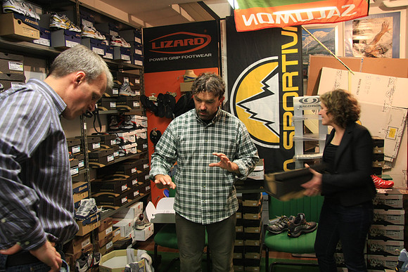 Getting outfitted for our hikes coming up in the Dolomites at Rossi Calzature; Mark, Carlo, and Rosi