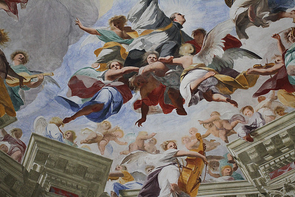 The illusory fresco decorating the flat ceiling of the Chiesa della Missione, painted in the 17th Century by Andrea Pozzo, one of the earliest examples of perspective art.