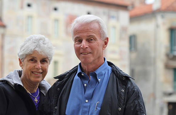 Marianne and Davis in Mondovì Piazza.