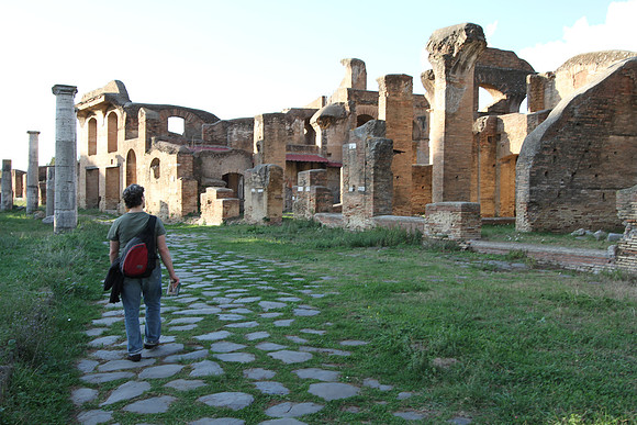 Approaching the fascinating Caseggiato degli Aurighi - House of the Charioteers. Walking the old Roman road.