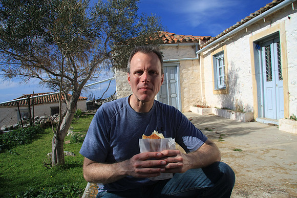 Eating lunch at an abandoned house.