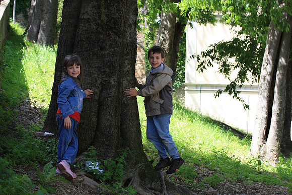 Matilda and Noah near our apartment