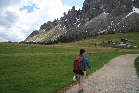 Start of the hike. Hike about 1km from the parking lot to a rifugio at the base of the group.