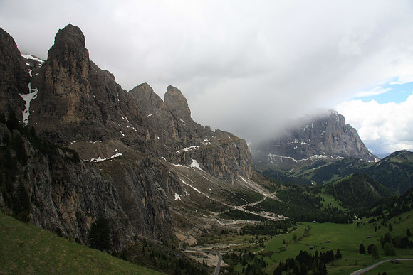 We are at the pass. Looking east into the Val Gardena. We hiked around the peak shrouded in mist.