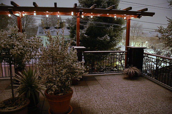 Looking on back deck as snow starts