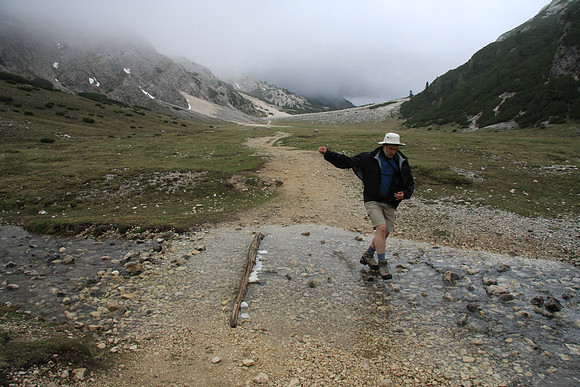 Not wanting to test waterproofness of his shoes, Marc walks on water.