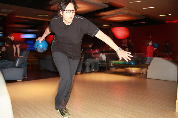 Cindy winds up - she owns that ball!