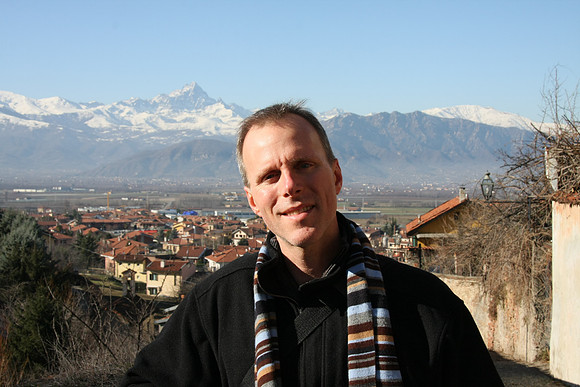 Saluzzo, Mark with Monviso in background