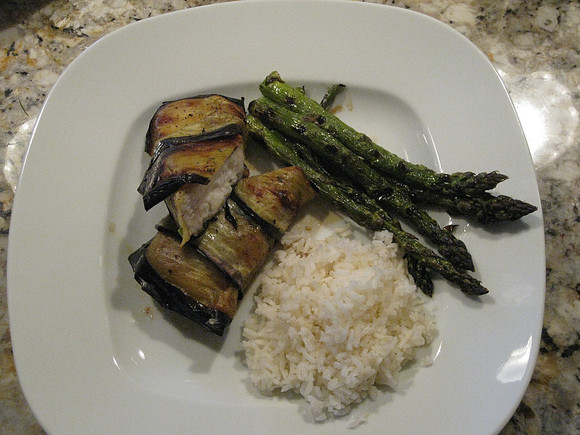 Halibut wrapped in eggplant